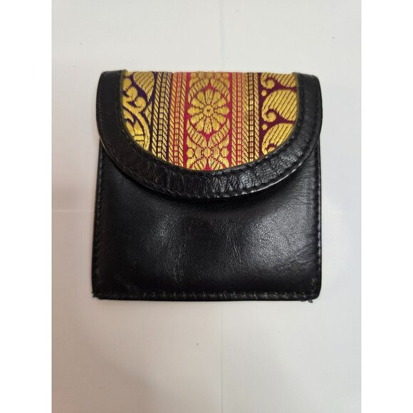 Leather Coin Purse Black Tribal Ethnic Middle Eastern Style Snap Closure 3" x 4" - Picture 1 of 7